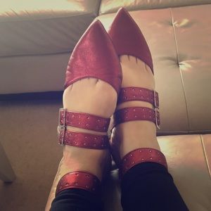 Red pointy flats made with Italian Leather.